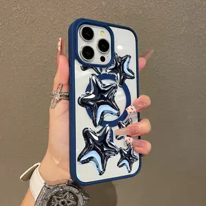 Adorable Magnetic Case for iPhone11/12/13/14/15/16/17/promax Chrome Star Cluster MagSafe Compatible, Lightweight, Anti-Fall | Girly & Chic Style