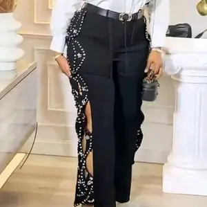 Elegant Black Trousers with Rhinestone Embellishments and Side Slits for a Chic Look