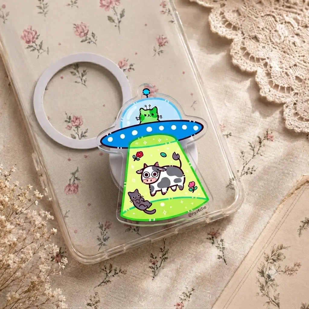 Cute UFO Abducting Cow and Cat Acrylic Phone Grip - Aesthetic Sci-Fi Style Griptok for Smartphone