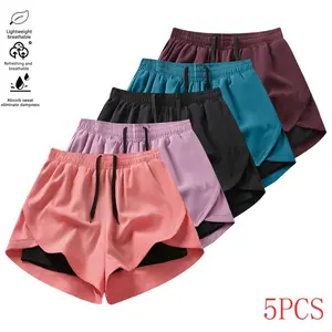 5 sets - Women's mid-rise - Sports shorts, casual summer mid-rise wide-leg lace-up beach shorts with pockets, lightweight elastic waist pants