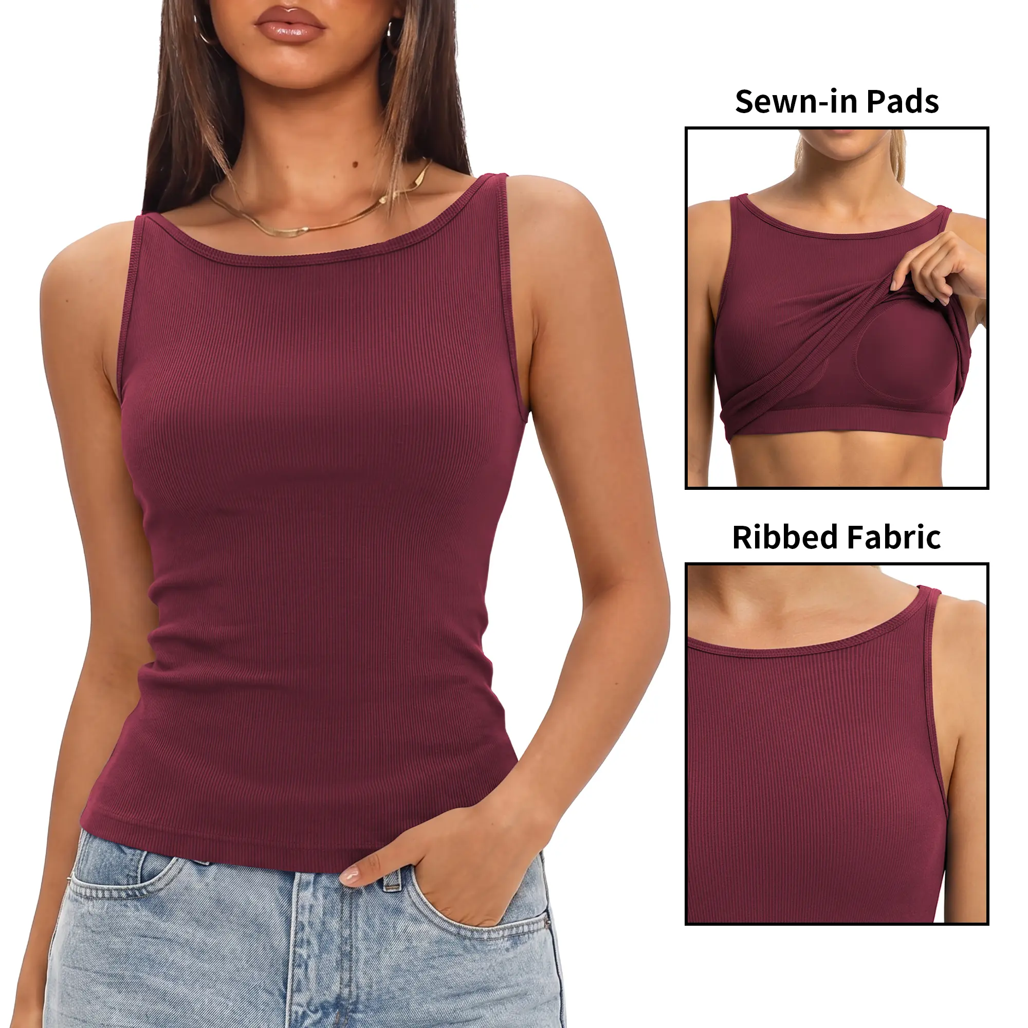 ATTRACO Ribflex Workout Tank Tops with Built in Bra Boat Neck  Basic Ribbed Tank Top Racerback Athletic Camisole Seamless Sewn-in pads