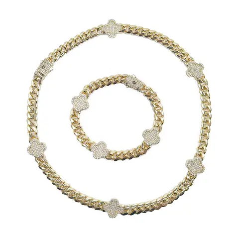 18K Layered Gold-Plated Iced-Out Clef Design Chain and Link Jewelry Set - Unisex Bling, Bracelets for Women, Gold Jewelry Sets, Hip-Hop Daily Wear Accessory #184
