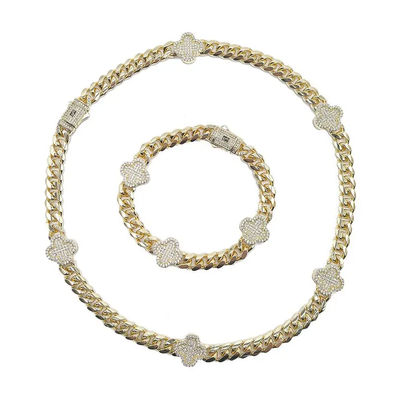18K Layered Gold-Plated Iced-Out Clef Design Chain and Link Jewelry Set - Unisex Bling, Bracelets for Women, Gold Jewelry Sets, Hip-Hop Daily Wear Accessory #184