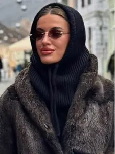 1pc Women Balaclava Hat With Drawstring Detachable Collar, Wool Blend Neck Warmer Ski Mask, Outdoor Thermal Face Cover Scarf Hood, Suitable For Winter Cold Protection, Muslim Hijab For Dress, Hooded Shawl