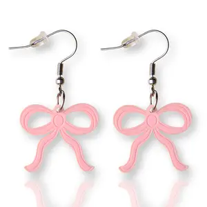 Bow Dangle Earrings, Engraved Acrylic w/ Silver-Color French Hook ~ Hypoallergenic ~ Ballet Pink, Pastel Blue, Lavender Purple ~ Coquette, Girly Style