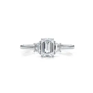 3 Stone Emerald Lab Grown Diamond Engagement Ring 14k White Gold 0.84 Ctw.