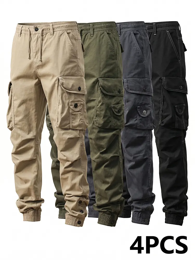 4-pack men’s tactical cargo pants, multi-pocket design, regular fit, suitable for hiking, camping, outdoor adventures, mountaineering pants, adventure apparel, rugged style, scratch-resistant material, practical long pants