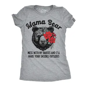 Womens Funny T Shirts Mama Bear Mess With My Babies and Ill Make Your Insides Outsides Sarcastic Tee for Ladies Funny Womens T Shirts Cute Vintage Fashion Casual Ladies T-Shirt Gift Sarcastic Tops for Women Light Grey