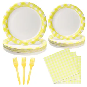 168 Pcs Yellow Gingham Party Supplies Set for 24 with Plates, Cups & Napkins