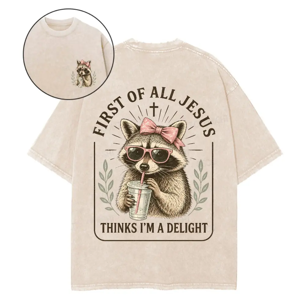 Women's Vintage "First Of All Jesus Thinks I'm A Delight" Graphic Short-Sleeve T-Shirt - Heavyweight, Oversized, Breathable, Printed, Everyday Christian Top