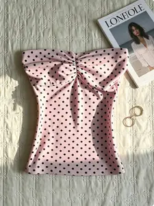 2026 Summer New Polka Dot Bustier Top for Women, French Vintage Ruched Waist Slim Fit Strapless Wrap Top, Versatile Party Casual Wear