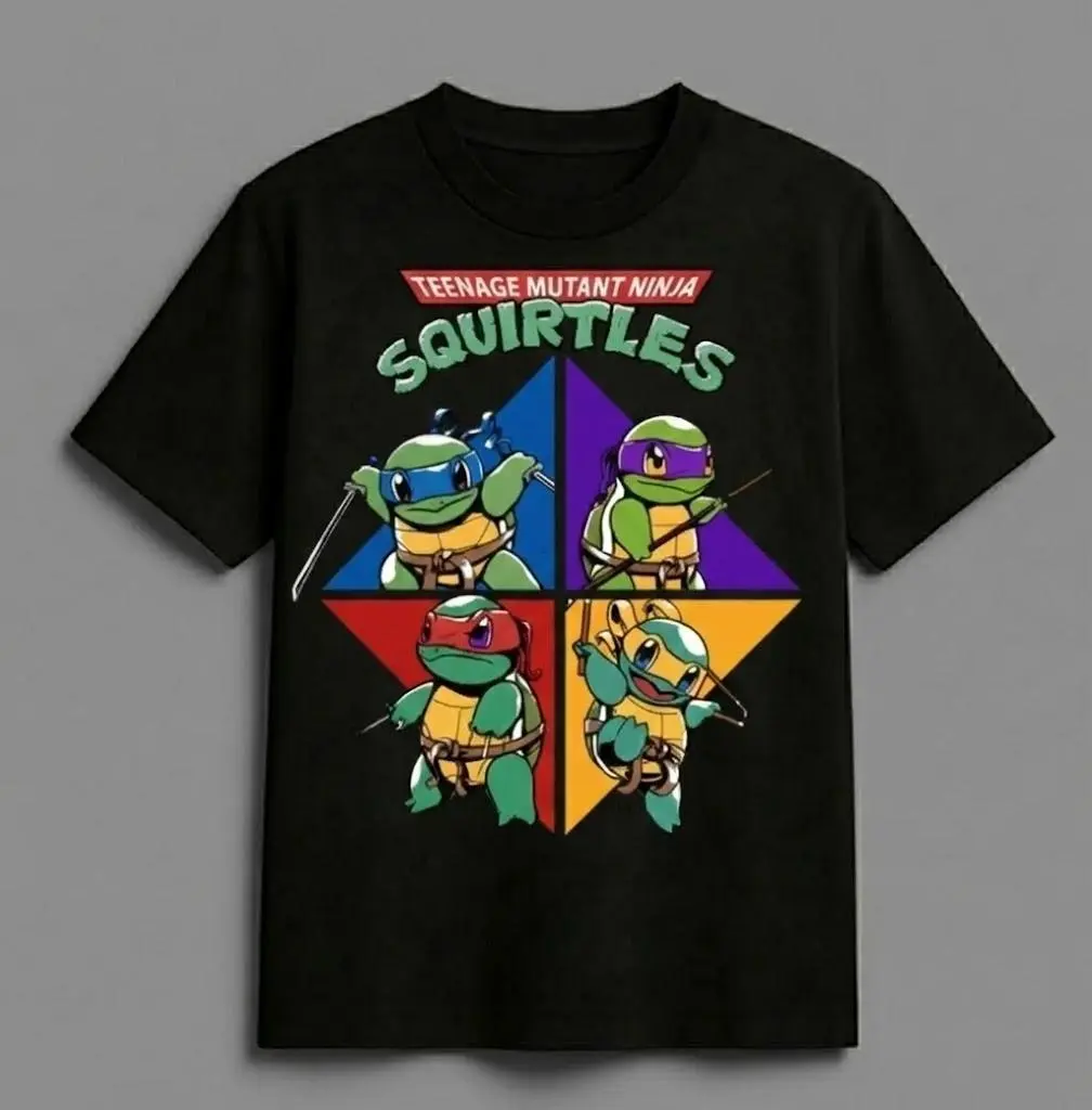 Squirtles Ninja Turtles Anime T-Shirt, Vintage 90s Cartoon Mashup T-Shirt, TMNT x Pocket Monsters Crossover Shirt, Unisex Retro Streetwear, Trendy Streetwear Graphic Tee, Trending Shirts For Men Women