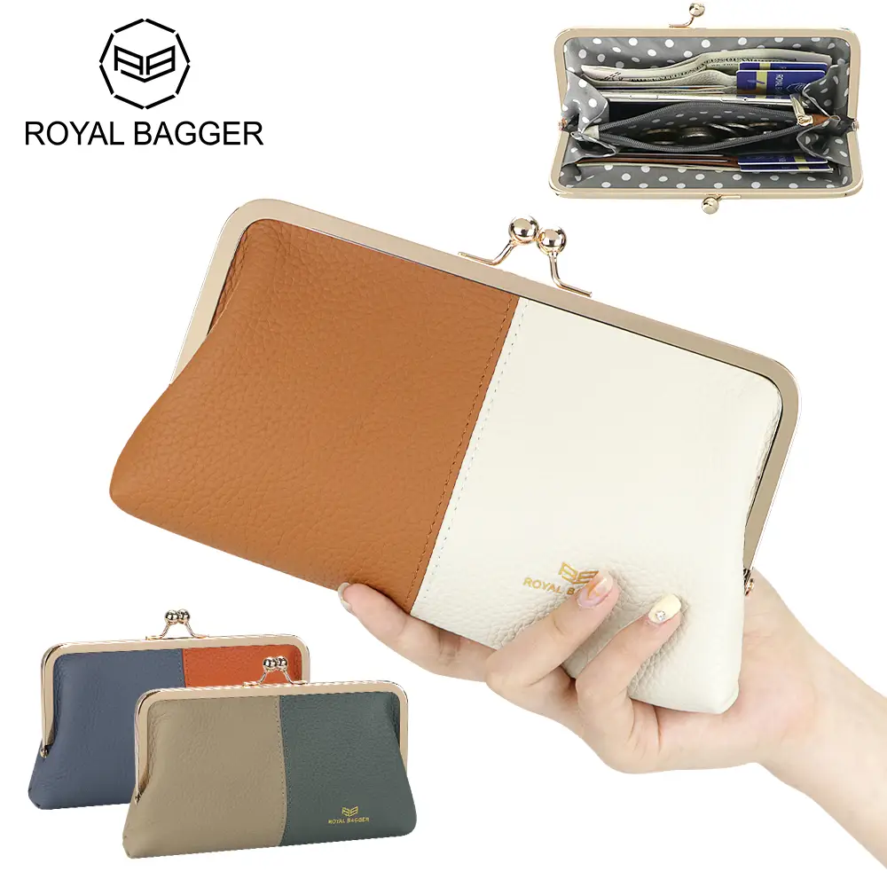 Royal Bagger RFID Contrast Clutch Purses for Women, Genuine Leather Evening Bag with Kiss Lock, Multi Layer Mobile Phone Wallet 1868