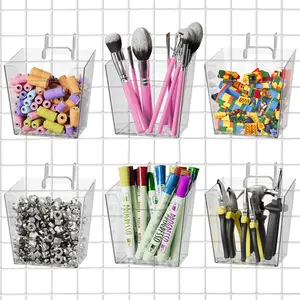 Large Gridwall Bins - 6Pack Clear Gridwall Accessories Hanging Cups with Back Hooks - Plastic Grid Wall Panels Organizers Wire Shelves Holders for Garage Garden Craft Office Tools Storage