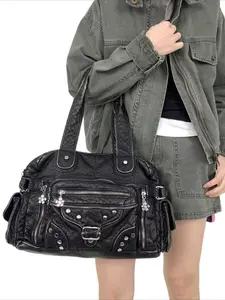Ladies' retro vegan motorcycle tote bag, Gothic style front pocket soft shoulder bag detachable shoulder strap fashionable large capacity bag street Y2K handbag, rivet design, suitable for daily commuting, gatherings, dates and work, Casual shoulder bag