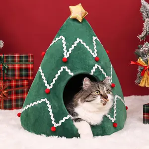 Cat Bed Christmas Tree Cat Tent House Self-Warming 2 in 1 Removable Comfortable Triangle Pet Teepee Xmas Dog Cave in Winter(Green/White) Christmas Pet Tree Bed