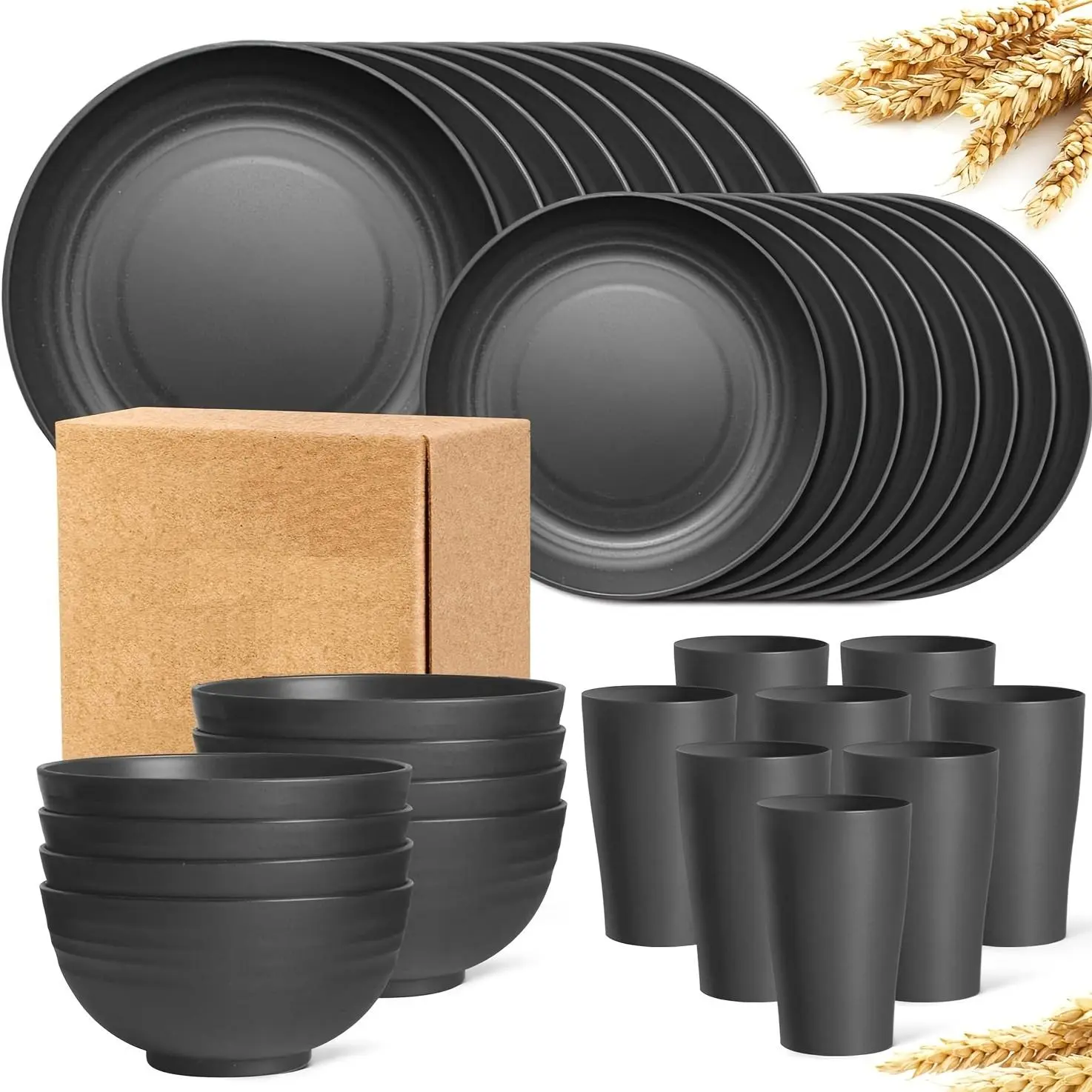 Wheat Straw Cutlery Set, 32 Unbreakable Dinner Plates Microwave Safe Reusable Cutlery, Black Set of 16 Plates, 8 Bowls, 8 Cups. Sturdy Tableware