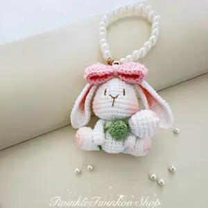 Handmade Milk Yarn Keychain with Pearl Accent