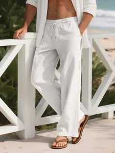 Men's solid color simple ruffled drawstring waist linen pants, regular fit, casual and comfortable, straight-leg trousers with pockets, suitable for spring and autumn, men's bottom wear for daily wear, casual beach pants, casual fashion pants.
