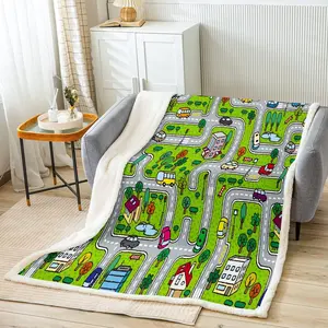 Feelyou Car-Themed Fuzzy Throw Blanket - Cozy, Decorative Giftable, Flannel, Multifunctional Multi-Size Soft Fleece Blanket with Colorful Educational Race Track, Road & Traffic Designs for Bedding & Linens, Cozy Throw Blanket