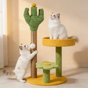 Cactus Cat Tree All-in-One Cat Condo Scratcher Perch with Toy for Indoor Cats Green Design with Flower Base