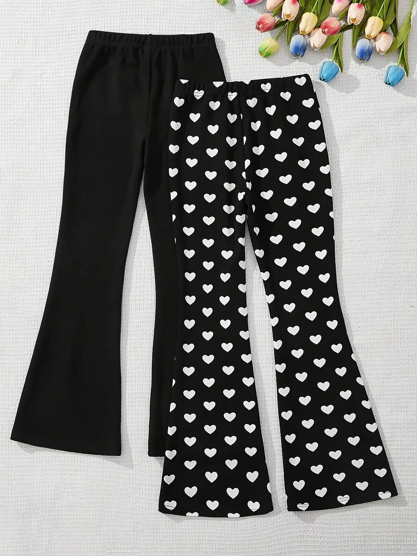 Girls' Knit Flare Leggings 2-Pack | Slim Fit Stretchy Pants | Casual & Dressy Wear (5Y-14Y, Black and white/Black)