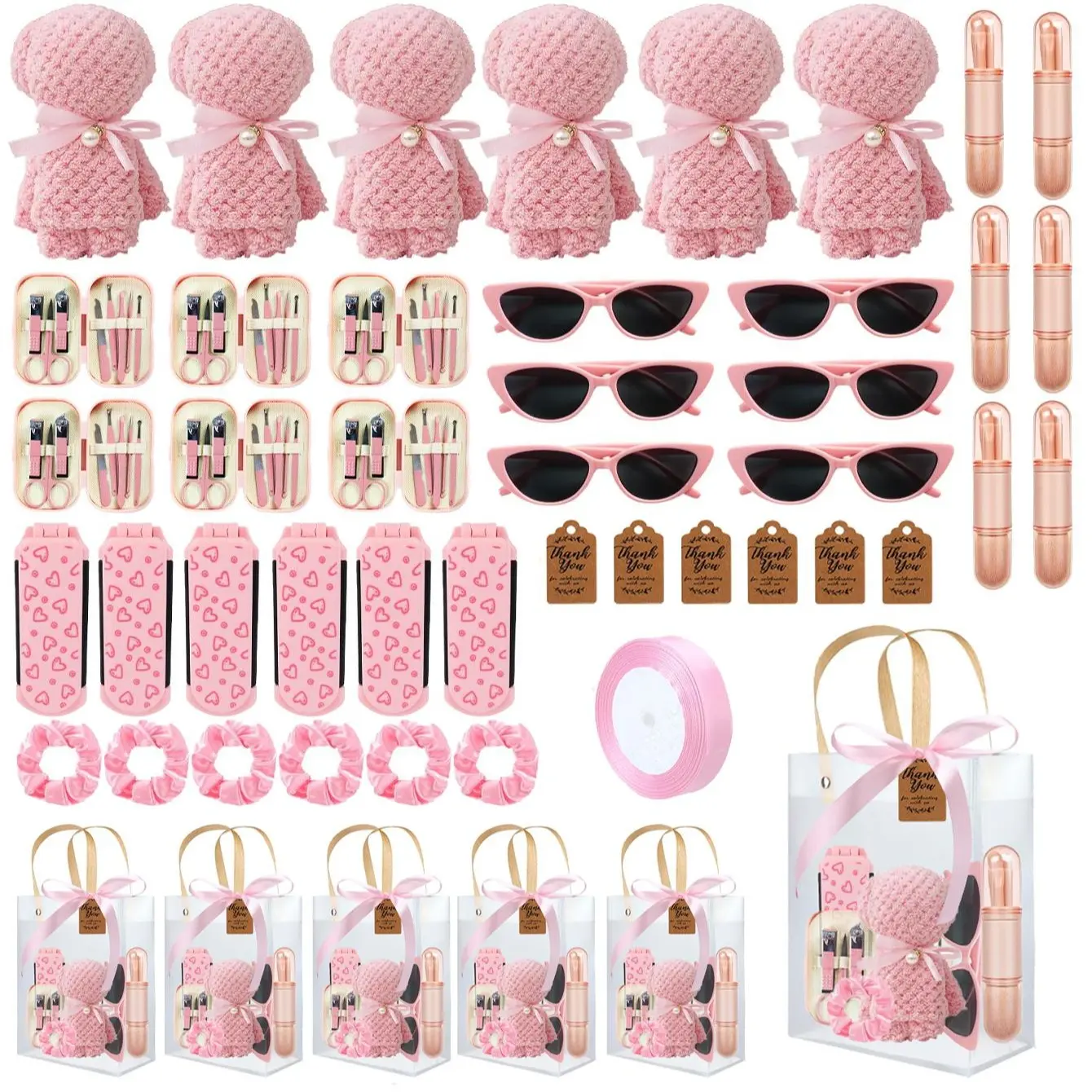 6-Set Party Favors Assortment, Baby Shower Gifts for Game Winners - Thank You Bags with Towel, Makeup Brushes, Nail Care Kit, Folding Comb, Sunglasses, Hair Tie for Bridal Shower Return Presents