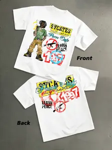 Men's Loose Fit Fashion Print Round Neck T-Shirt, Vintage American Anti-Terror Pattern, Casual Daily Wear, Unisex Youth Streetwear Street Style, Menswear