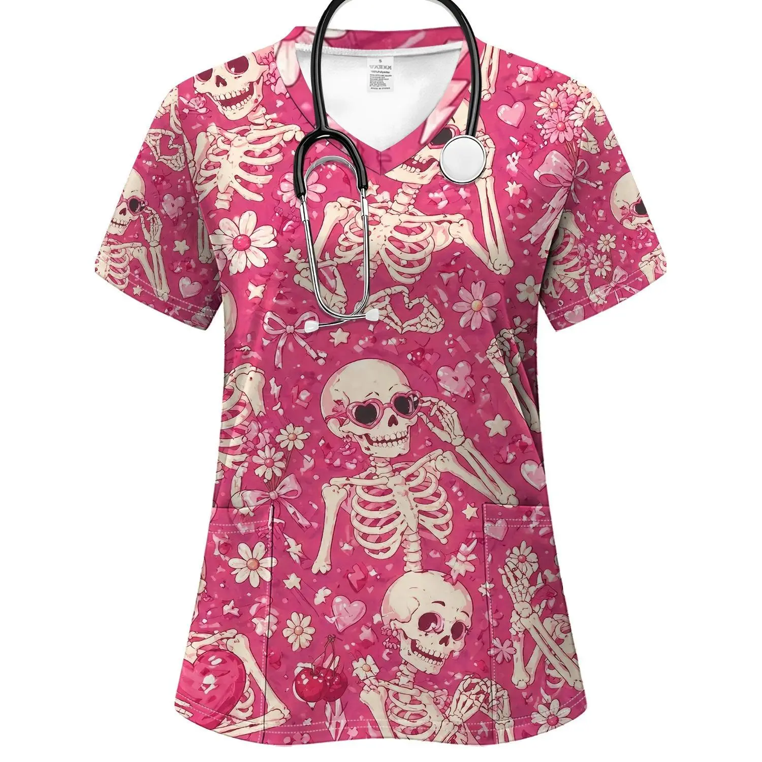 Creepy Cute Skull Print Women's Scrub Top, V-Neck Short Sleeve Medical Work Shirt, Breathable Uniform with Multiple Pockets, Fun Healthcare Attire for Nurses, Doctors, and Veterinary Professionals