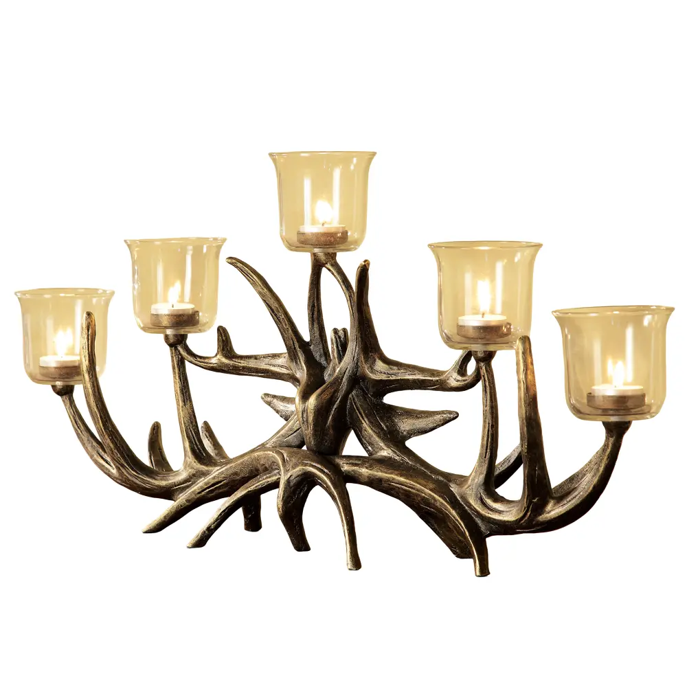 SPI Home Antler Votive Candelabra – 27" Wide Rustic Candle Holder with Faux Antler Design and 5 Glass Votive Cups