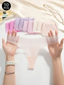 5/7/10 Pcs Summer Breathable Women's T-Shirt Invisible Thong, Slim-Fitting Low Waist G-Strings, Sexy Plain Bottoms for All Season