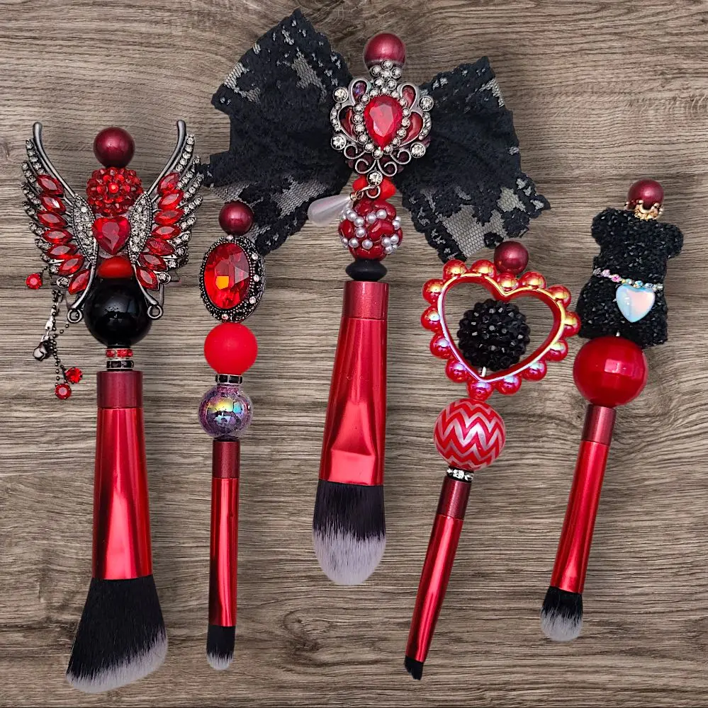 Handmade Custom Red Vintage Makeup Brush Kit with Beaded Angel Wings & Heart Design for Stylish Application