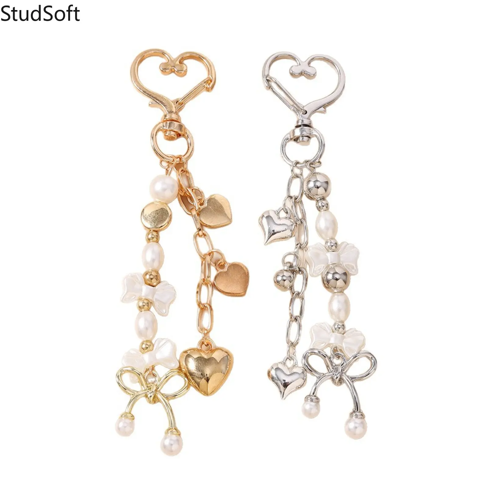Cute Heart Handle Keychain for Women with Alloy Bowknot Charm and Pearl Bead Wristband, Bag and Purse Accessories, Keychain Accessories, Heart Handle Keychains