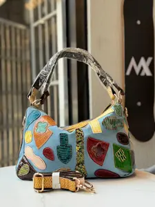 Retro-Style Color-Blocked Cowhide Pillow Bag Irregular Patchwork Genuine Leather European American Fashion Shoulder Bag Denim Crossbody Bag