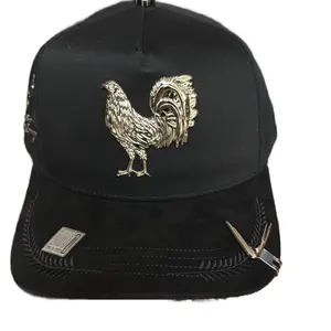 Roster-total Black Placa Silver Hats with Embossed Rooster Design and Adjustable Buckle
