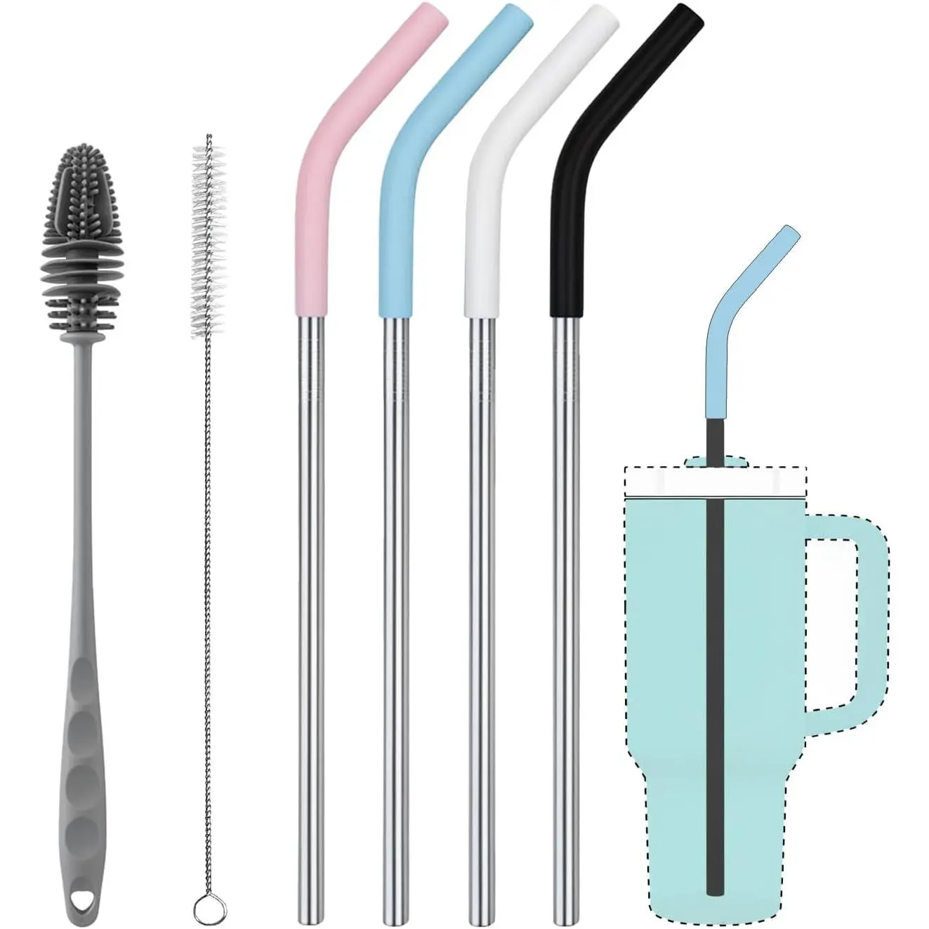 Straws for 40oz  Tumblers,4 Pack Metal Straws  Compatible with 40oz Cup,12" Extra Long Stainless Steel Straw with  Tips,Cleaner Brush and Tumbler Brush
