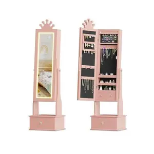 Kids Jewelry Cabinet with LED Full-Length Mirror, Freestanding Princess Vanity with Drawers & Jewelry Organizer, Wooden Armoire with Lights for Girls Dress Up, Perfect Birthday Light