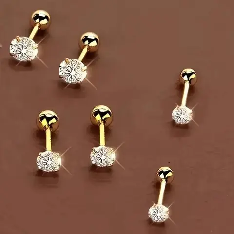 Women's 18K Gold-Plated Stainless Steel Classic Style Stud Earrings Set (3 Pairs, 6 Premium Sparkling Cubic Earrings) - Hypoallergenic, Unisex, 4-Prong Design Round Ball Jewelry, Daily Wear, Birthday Gift for Friends