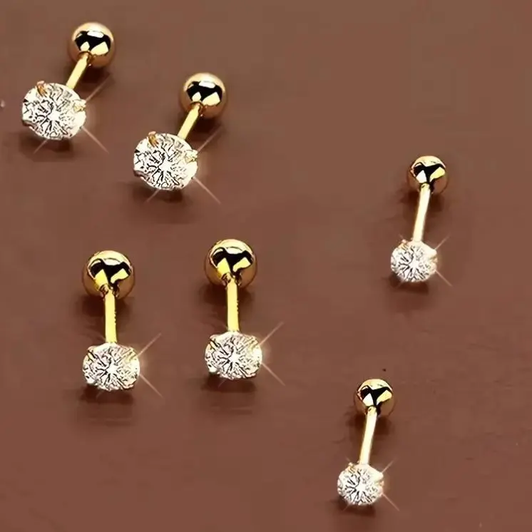 Piercing Earring 18K Gold Plated Three Pairs Stainless Steel Stud Earrings Set For Women | Hypoallergenic 6 Premium Cubic Zirconia Studs