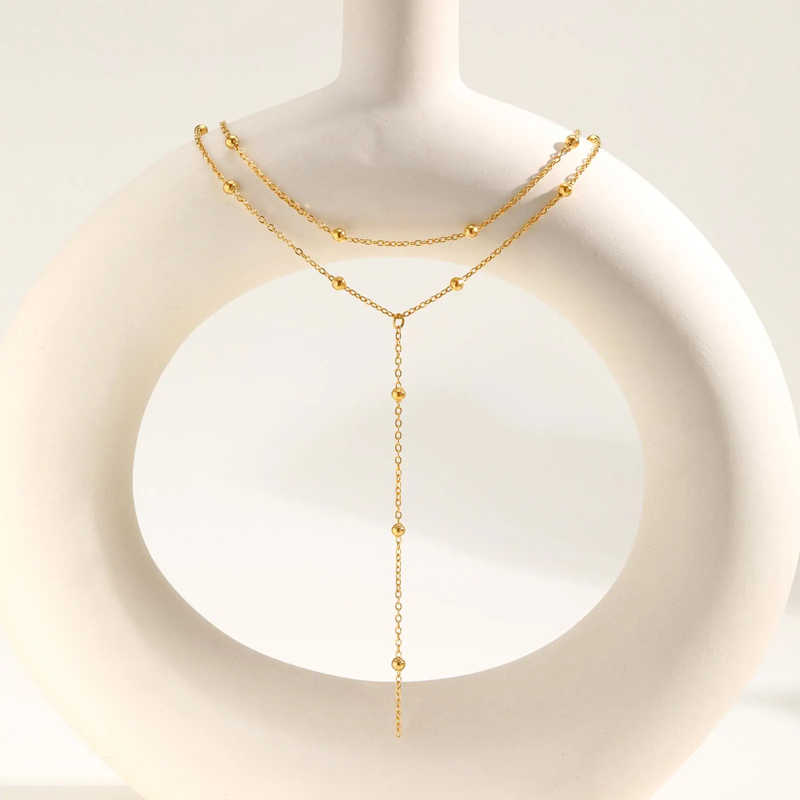 VNOX Layered Necklace for Women, Gold Color Dainty Beaded Y Lariat Double Layer Chain Jewelry, Trendy Summer Accessories for Daily Outfit Party Gift
