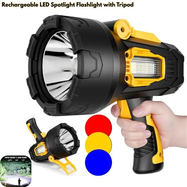 Rechargeable LED Spotlight Flashlight with Tripod, Super Bright Handheld Searchlight, COB Work Light, Long Runtime Spotlight for Camping, Hunting, Boating, Emergency Outdoor Use
