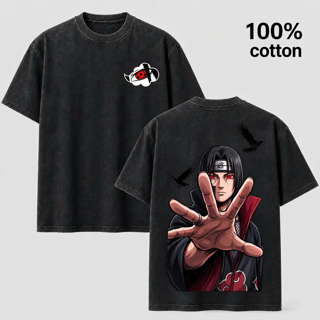 Itachi Uchiha Akatsuki Genjutsu Large Back Graphic & Sharingan Chest Logo Vintage Wash Oversized Anime T-Shirt