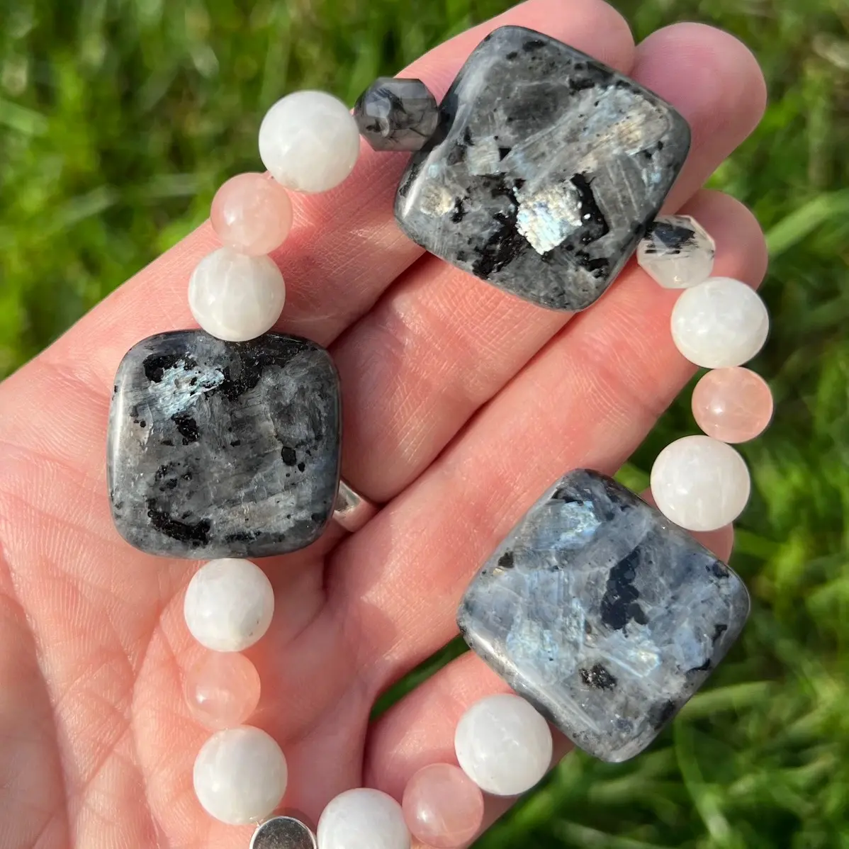 Larvikite, Rainbow Moonstone and Madagascar Rose Quartz Crystal Bracelet