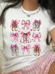 Ballet Dance Ballerina Dancer Girl Coquette Bow Pink Mom T-Shirt Print T-Shirt Casual Crew Neck Short Sleeve Comfort Tee Top For Spring & Summer Women's Clothing