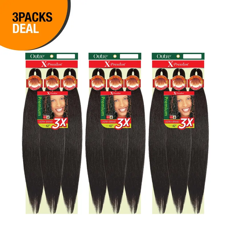 Outre 3-Pack X-Pression Kanekalon 3X Pre-Stretched Synthetic Braided Hair Extensions, 42in Box Braid Pieces for Casual Hairstyles