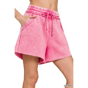 Acid Wash Fleece Drawstring Shorts with pockets Zenana