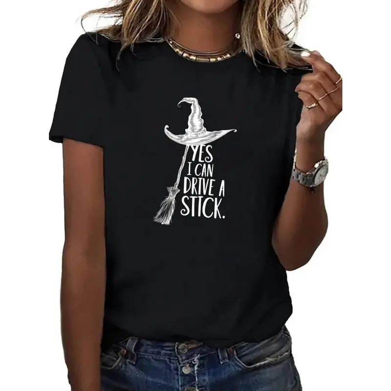 100% Cotton Women'S Witch Graphic T-Shirt - "Yes I Can Drive A Stick" Print Casual All-Season Sportswear Black With White Lettering Round Neck Short Sleeve Machine Washable Cotton Fabric Fitted Top Crew Neck Casual T-Sh Golf Gift T-Shirt For Men And Women
