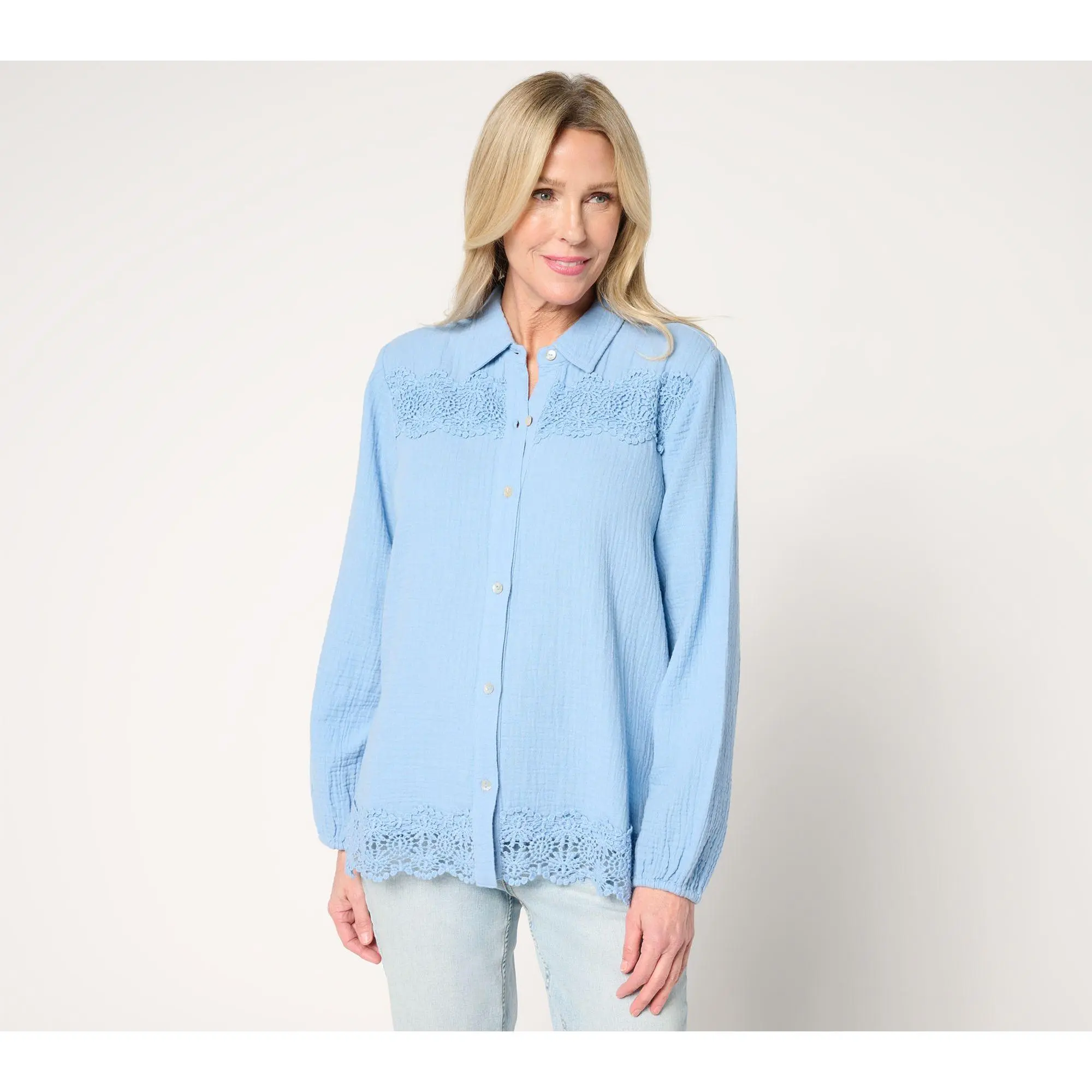 Susan Graver PURE Petite Cotton Gauze Button Front Tunic w/Lace