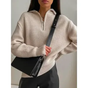 Women's Cozy Ribbed Knit Turtleneck 3/4 Zip Sweater
