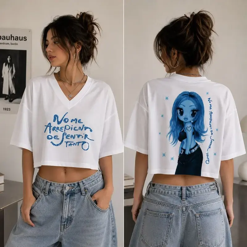 Sentir Tanto Era Crop Top Jersey, Latin Pop Concert Shirt, Women’s Blue Graphic Sports Jersey, Double-Sided Print, Music Fan Apparel, Concert Outfit Gift